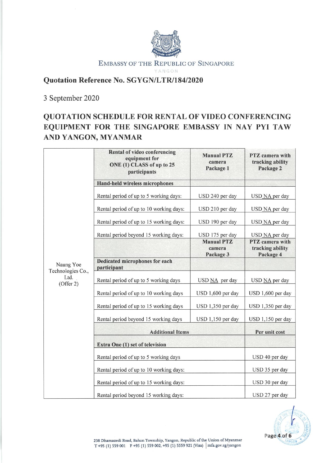 Singapore Embassy's quotation for video conferencing equipment rentals, showing pricing table for different packages.
